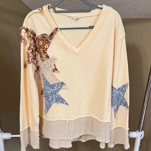 POL Cream V-Neck Star Patch Pullover with Paisley Accents